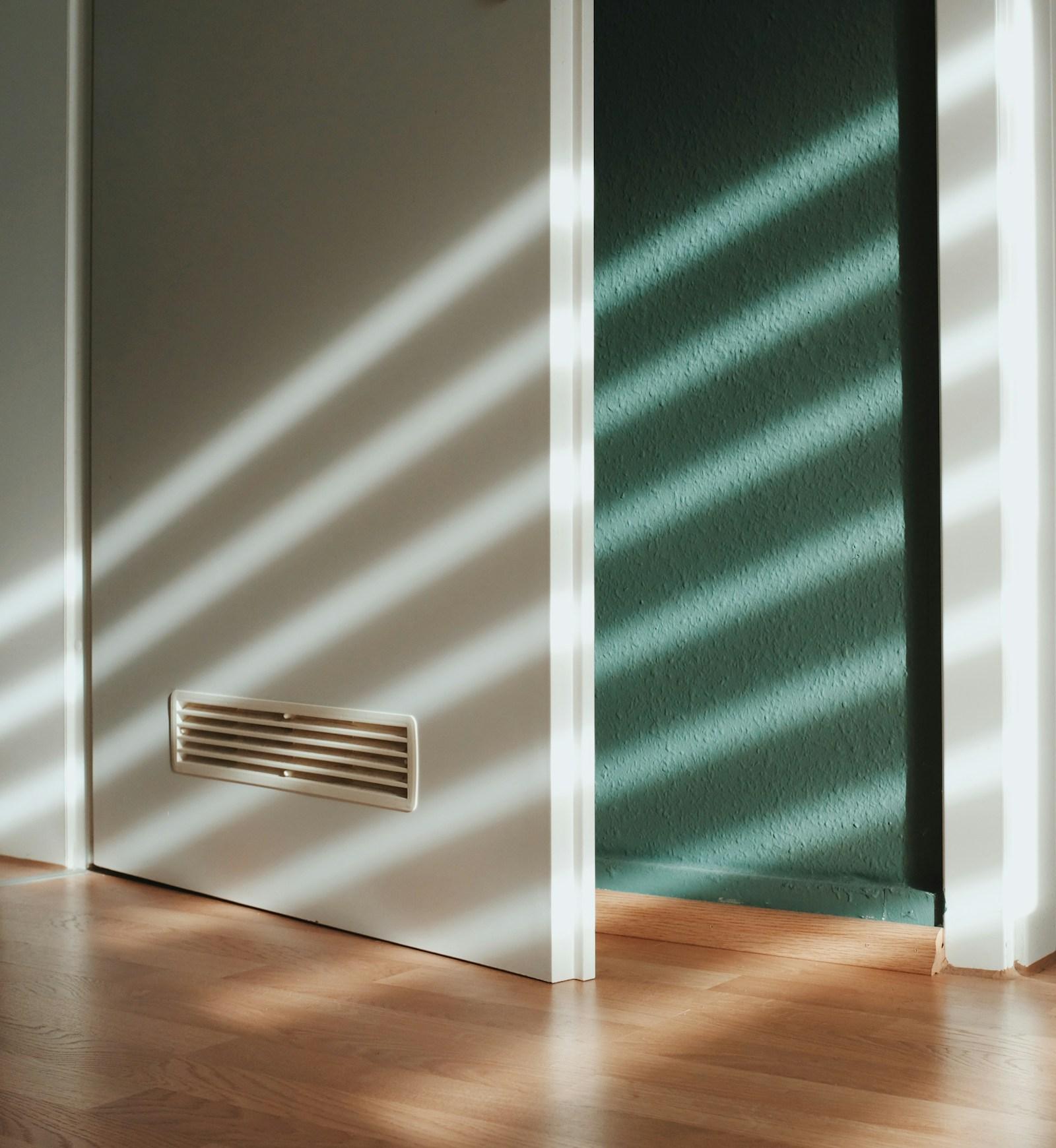 Sunlight crosses a white painted door, muted green wall and warm wood floor